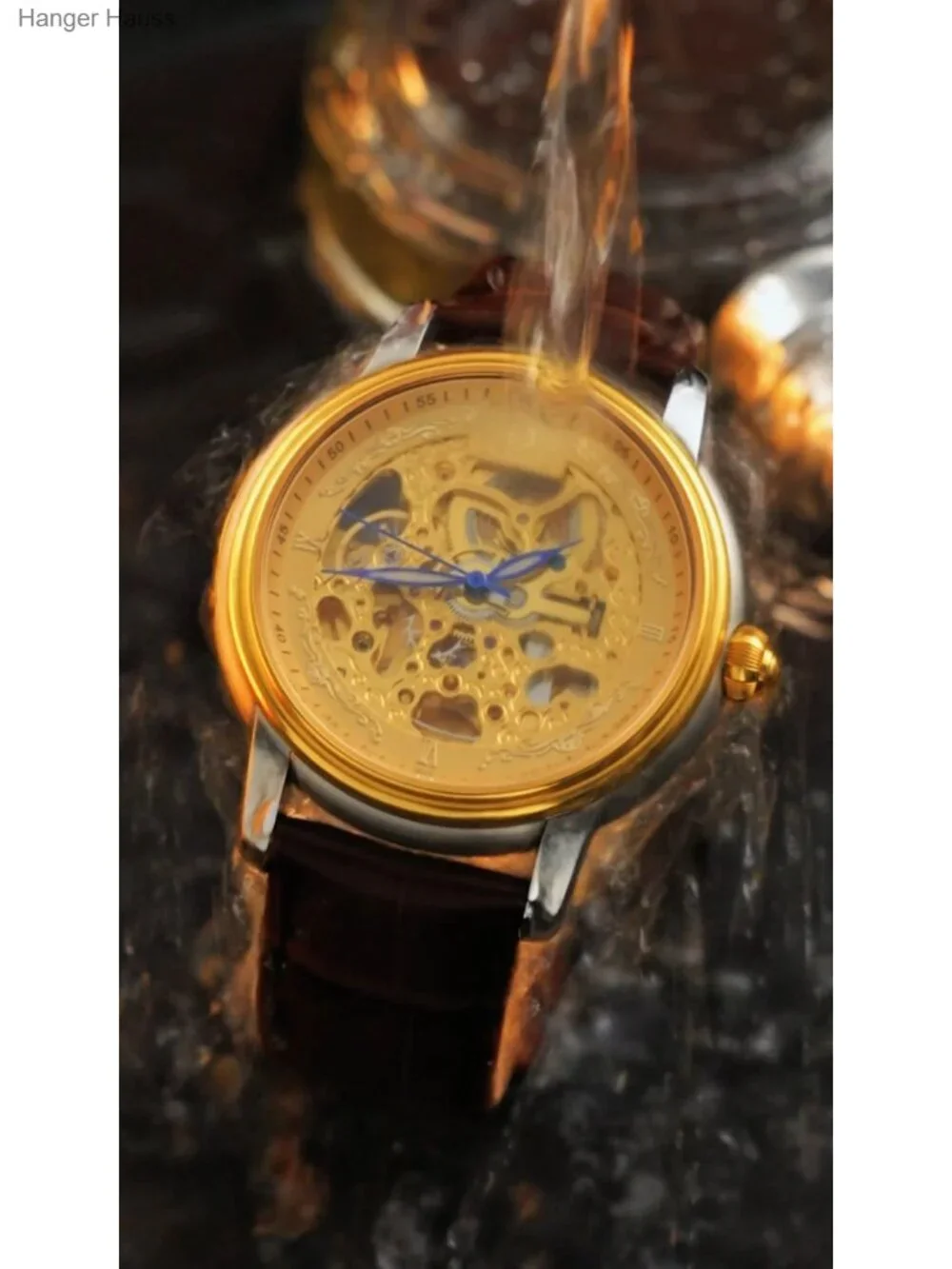 Men's Automatic Skeleton Watch Gold Stainless Steel Brown Leather Strap
